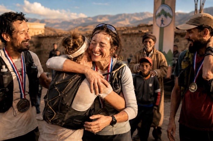 Runners embracing and celebrating at the Rise Ultra finish line